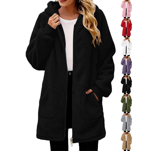 Womens Fleece Jacket Fashion Soft Plush Zip Up Outerwear with Pockets & Ribbed Cuffs for Winter