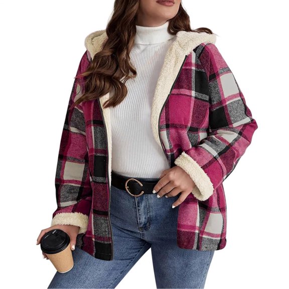 Womens Fleece Jacket Fleece Full Zip Hooded Plaid Jacket Casual Fashion Coat Winter Loose Fit Everyday Wear