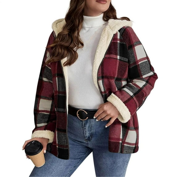 Womens Fleece Jacket Fleece Full Zip Hooded Plaid Jacket Casual Fashion Coat Winter Loose Fit Everyday Wear