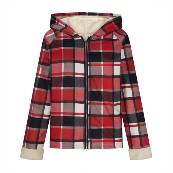 Womens Fleece Jacket Fleece Full Zip Hooded Plaid Jacket Casual Fashion Coat Winter Loose Fit Everyday Wear