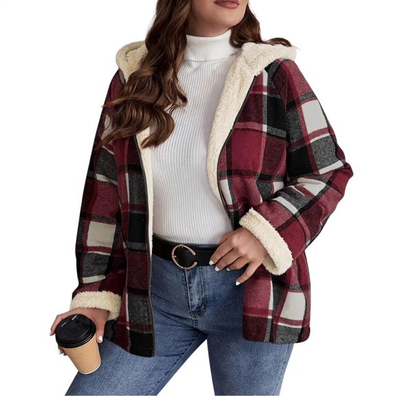 Womens Fleece Jacket Fleece Full Zip Hooded Plaid Jacket Casual Fashion Coat Winter Loose Fit Everyday Wear