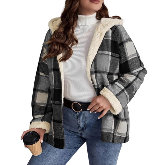 Womens Fleece Jacket Fleece Full Zip Hooded Plaid Jacket Casual Fashion Coat Winter Loose Fit Everyday Wear