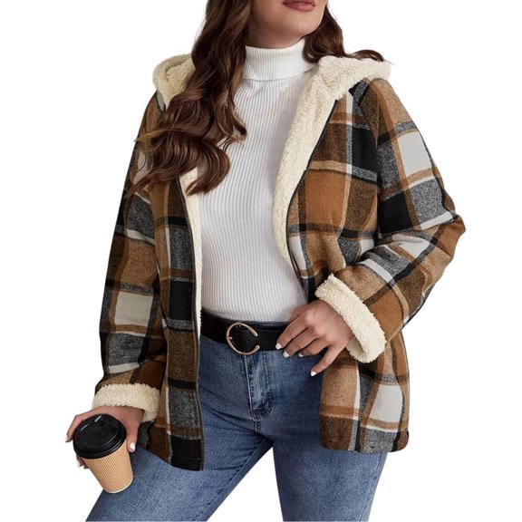 Womens Fleece Jacket Fleece Full Zip Hooded Plaid Jacket Casual Fashion Coat Winter Loose Fit Everyday Wear