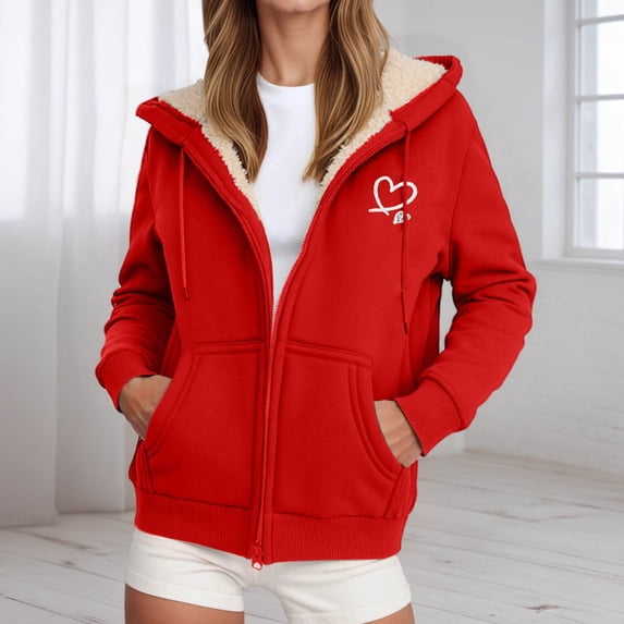 Womens Jacket Zip Up Hooded Hoodie Winter Warm Soft Thermal Jackets Coats Outdoor Sports Pullover with Pockets Trench Coat Women Red XXXL