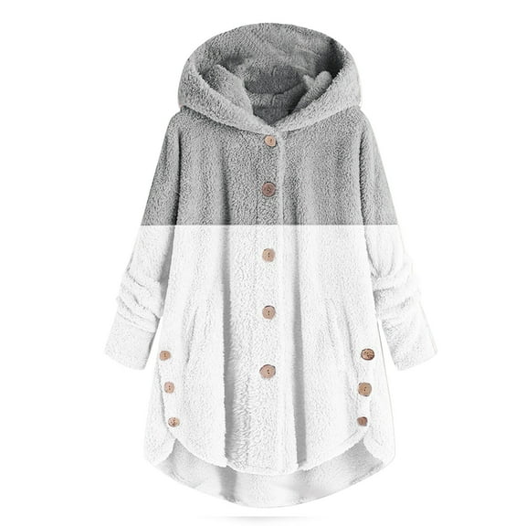 Womens Fleece Jacket Fuzzy Long Sleeve Sherpa Hooded Coats Winter Fall Warm Fuzzy Jackets Plus Size Button Plush Outerwear