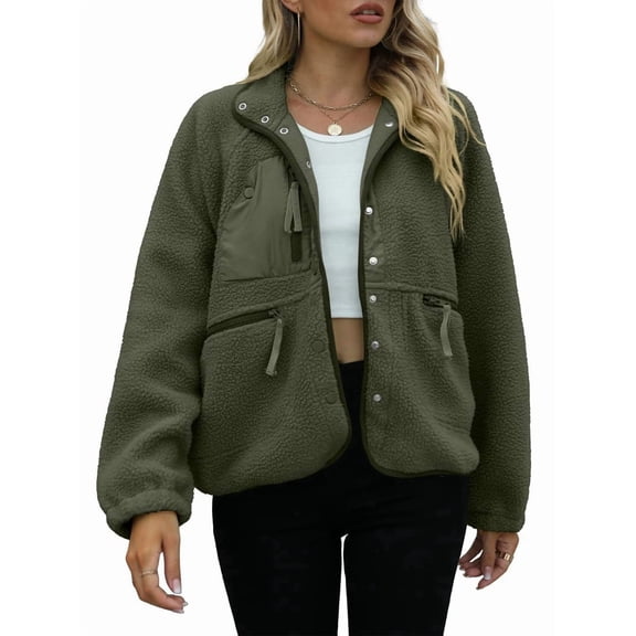 Womens Fleece Jacket Fuzzy Long Sleeve Short Winter Coats Button Down Jacket Outerwear with Pockets Army Green M