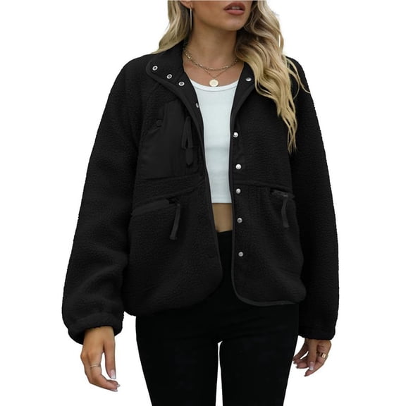 Womens Fleece Jacket Fuzzy Long Sleeve Short Winter Coats Button Down Jacket Outerwear with Pockets Black S
