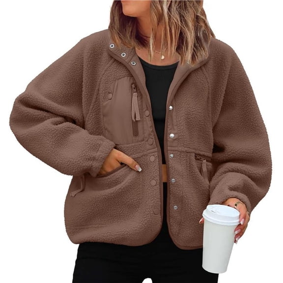 Womens Fleece Jacket Fuzzy Long Sleeve Short Winter Coats Button Down Jacket Outerwear with Pockets Brown M