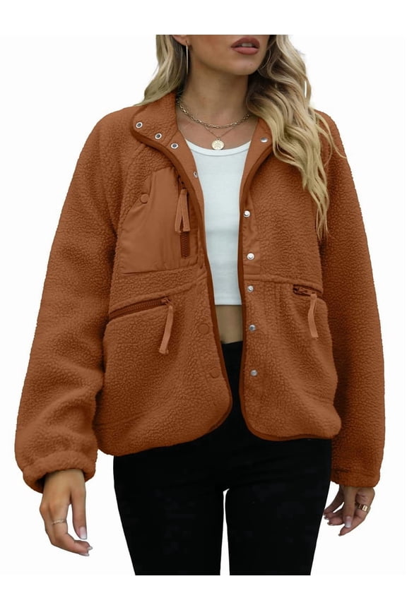 Womens Fleece Jacket Fuzzy Long Sleeve Short Winter Coats Button Down Jacket Outerwear with Pockets Brown S