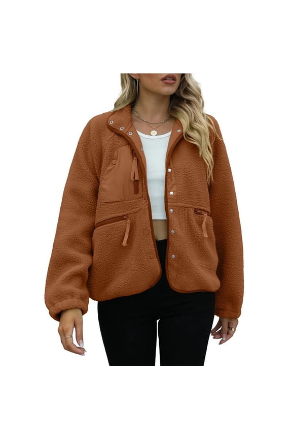 Womens Fleece Jacket Fuzzy Long Sleeve Short Winter Coats Button Down Jacket Outerwear with Pockets Brown S
