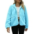 thumbnail image 1 of Womens Fleece Jacket Fuzzy Long Sleeve Short Winter Coats Button Down Jacket Outerwear with Pockets Light Blue L, 1 of 6