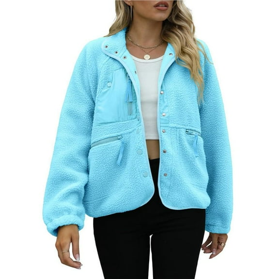 Womens Fleece Jacket Fuzzy Long Sleeve Short Winter Coats Button Down Jacket Outerwear with Pockets Light Blue L