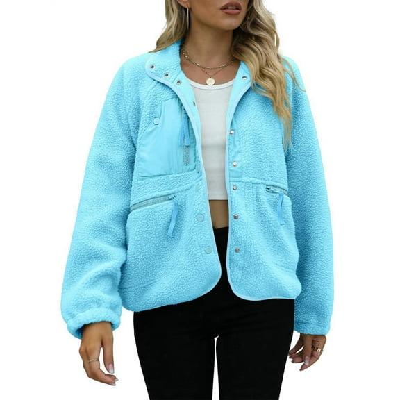 Womens Fleece Jacket Fuzzy Long Sleeve Short Winter Coats Button Down Jacket Outerwear with Pockets Light Blue XL