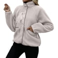 thumbnail image 1 of Womens Fleece Jacket Fuzzy Long Sleeve Short Winter Coats Button Down Jacket Outerwear with Pockets Light Gray L, 1 of 6