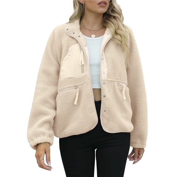 Womens Fleece Jacket Fuzzy Long Sleeve Short Winter Coats Button Down Jacket Outerwear with Pockets Light Khaki XL