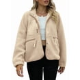 thumbnail image 1 of Womens Fleece Jacket Fuzzy Long Sleeve Short Winter Coats Button Down Jacket Outerwear with Pockets Light Khaki XXL, 1 of 6