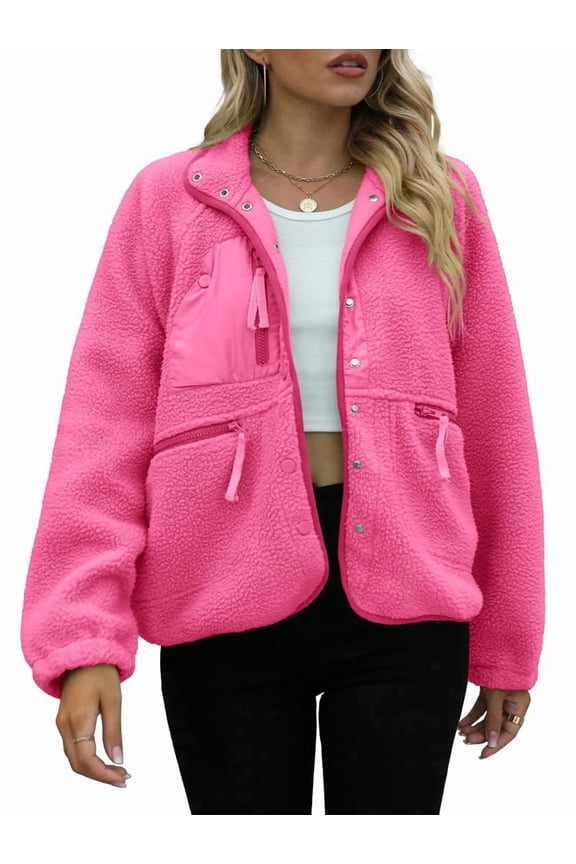 Womens Fleece Jacket Fuzzy Long Sleeve Short Winter Coats Button Down Jacket Outerwear with Pockets Rose Red L