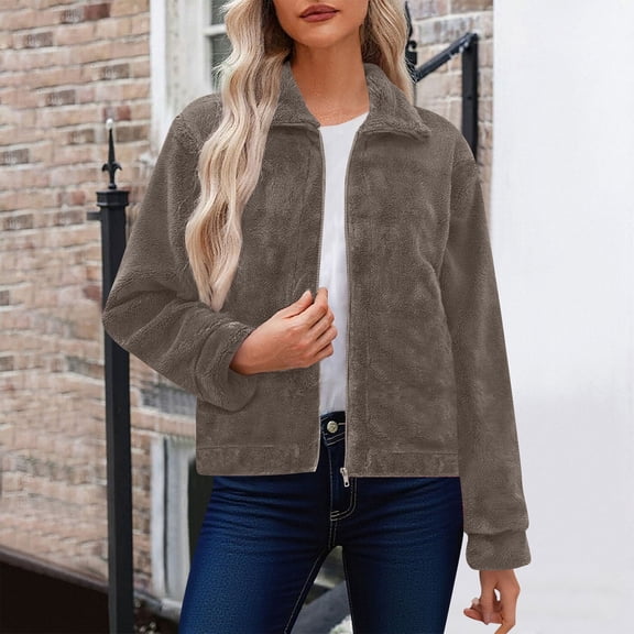 Womens Fleece Jacket Fuzzy Long Sleeve Short Winter Coats Sherpa Jacket Outerwear with Pockets Khaki L