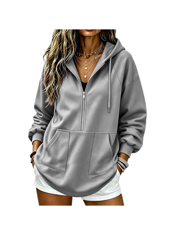 Womens Fleece Jacket Half Zip Fuzzy Lined Coats with Hood Long Sleeve Plush Lined Coats, Front Pockets, Fleece Lined Jackets, Lightweight, Warm Fall Winter Clothes, Hooded Outfits