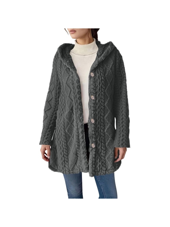 Womens Fleece Jacket Heavyweight Knit Cardigan Sherpa Lined Hooded Long Sleeve Button Up Sweater Coat Winter Outerwear