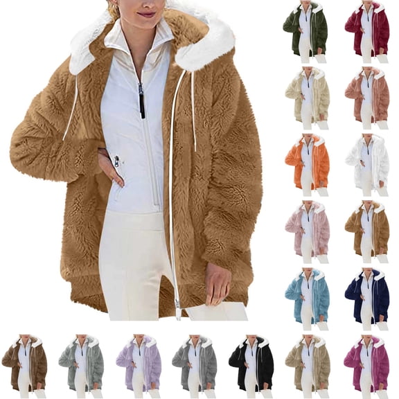 Womens Fleece Jacket Hooded Solid Color Zipper Pocket Hooded Loose Jacket Long Sleeved Hooded Casual Jacket
