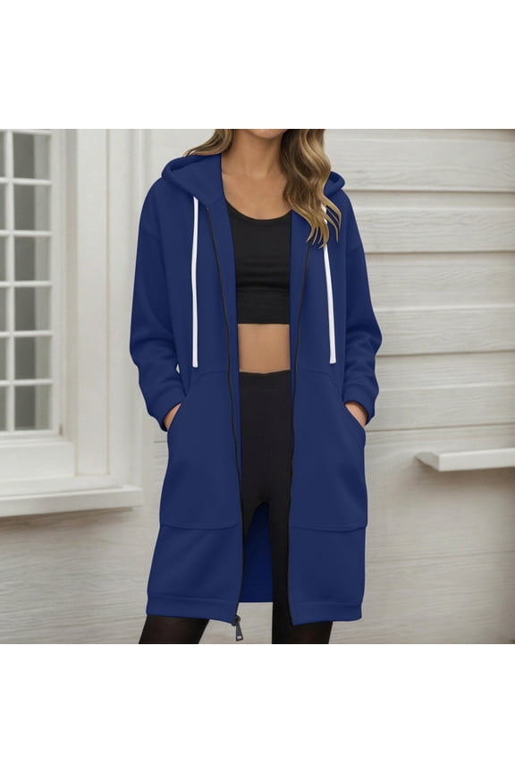 Womens Jacket Ladies Casual Solid Color Zipper Hooded with Drawstring Long Sleeve Pocket Long Outwear Outdoor Jackets Womens Trench Coat Navy M