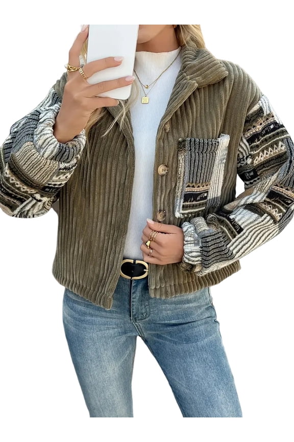 Womens Fleece Jacket Long Sleeve Western Print Button Down Ribbed Shacket Fall Winter Fuzzy Coat Green XXL