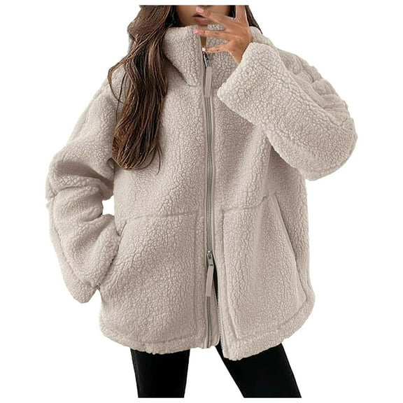 Womens Fleece Jacket Long Sleeve Zip Up Sherpa Coats 2025 Fall Winter Trendy Fuzzy Hooded Jackets with Pockets