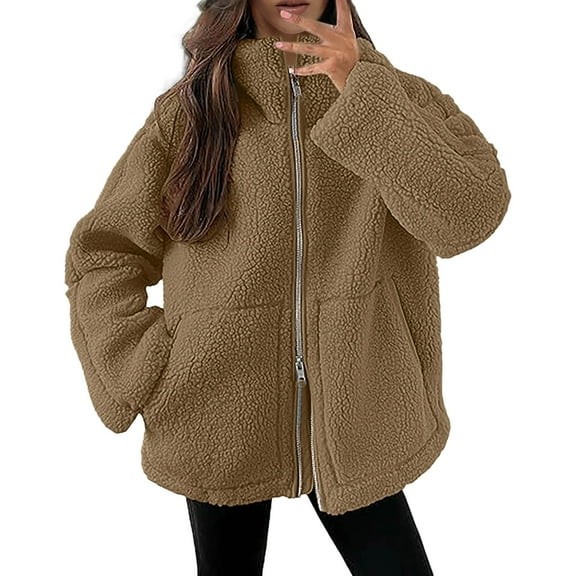 Womens Fleece Jacket Long Sleeve Zip Up Sherpa Coats 2025 Fall Winter Trendy Fuzzy Hooded Jackets with Pockets