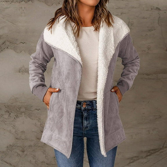 Womens Fleece Jacket Long Sleeved Suede Lambswool Warm Solid Thick Warm Open Front Jackets Womens Winter Coat Purple S