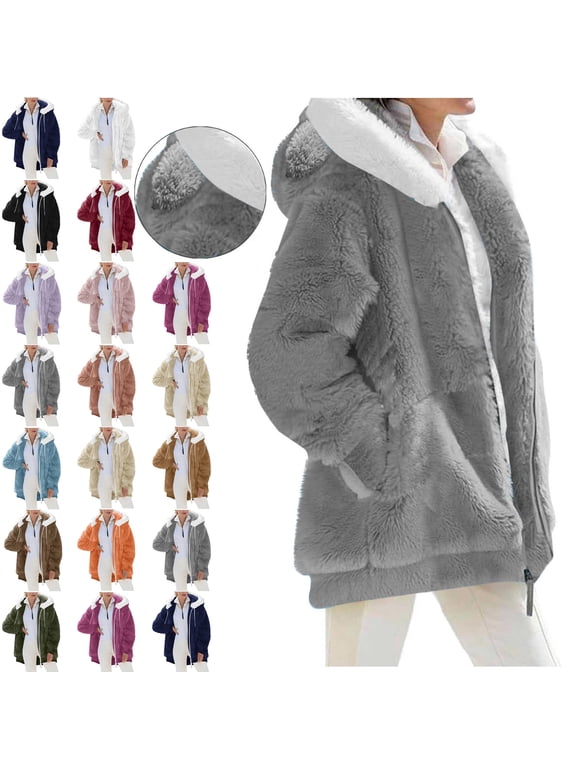 Womens Fleece Jacket Oversized Fuzzy Zip Up Hoodie | Plus Size Lined Jackets, Zipper Fluffy Sweater Coat, Warm Outwear, Soft Hooded Sweatshirts with Pockets