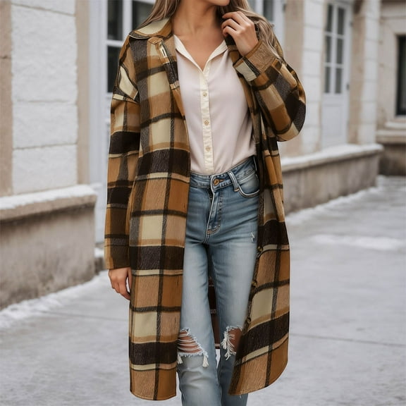 Womens Jacket Plaid Jackets Casual Lapel Button Down Long Sleeve Overcoat with Pockets Windproof Winter Warm Coat Womens Winter Coat Coffee L