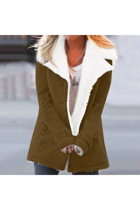 Womens Fleece Jacket Sherpa Lined Warm Coat Lapel Button Down Long Sleeve Jackets Fuzzy Winter Coats Outwear Brown 5XL