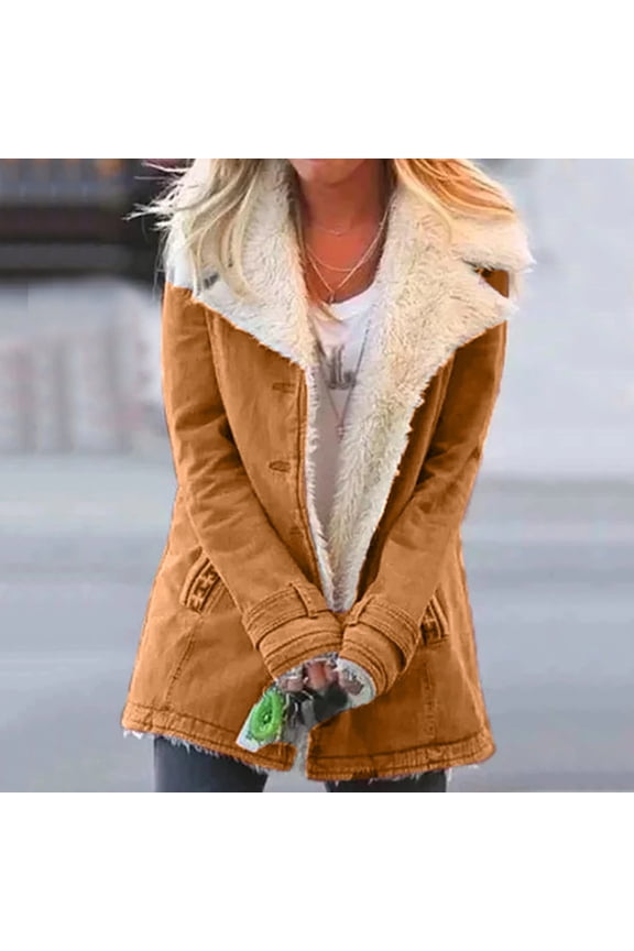 Womens Fleece Jacket Sherpa Lined Warm Coat Lapel Button Down Long Sleeve Jackets Fuzzy Winter Coats Outwear Khaki 5XL