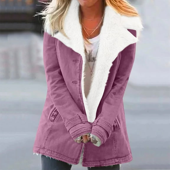 Womens Fleece Jacket Sherpa Lined Warm Coat Lapel Button Down Long Sleeve Jackets Fuzzy Winter Coats Outwear Light Purple XL