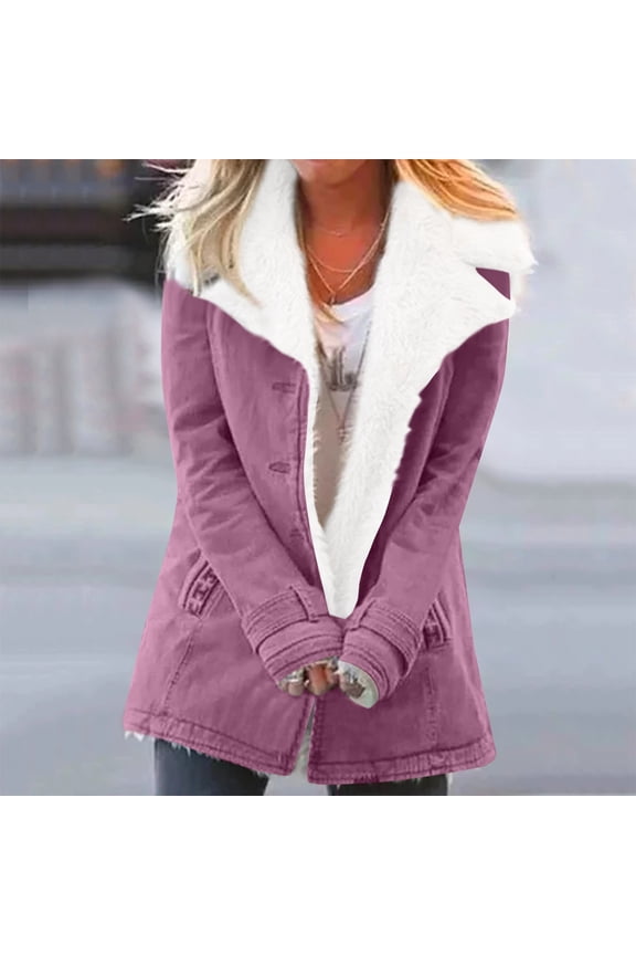 Womens Fleece Jacket Sherpa Lined Warm Coat Lapel Button Down Long Sleeve Jackets Fuzzy Winter Coats Outwear Light Purple XL