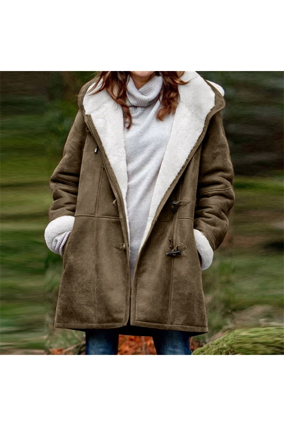 Womens Fleece Jacket Sherpa Lined Winter Coats Suede Leather Winter Warm Sherpa Lined Coats Jackets for Women Plus Size Hooded Parka Faux Suede Long Pea Coat Outerwear