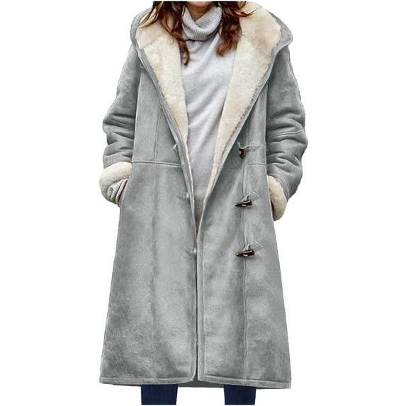 Womens Fleece Jacket Sherpa Lined Winter Coats Suede Leather Winter Warm Sherpa Lined Coats Jackets for Women Plus Size Hooded Parka Faux Suede Long Pea Coat Outerwear