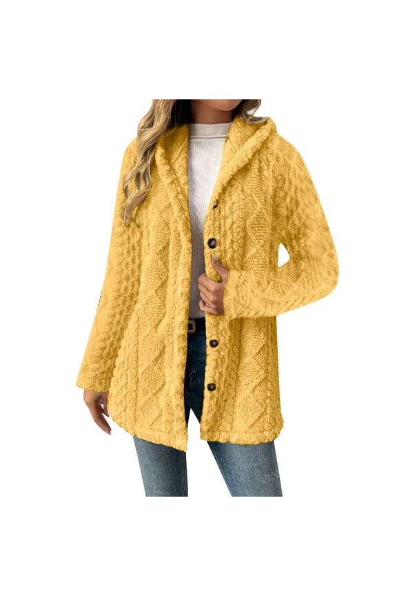 Womens Fleece Jacket Sherpa Teddy Coat Button Down Cable Knit Soft Long Sleeve Hooded Winter Outerwear