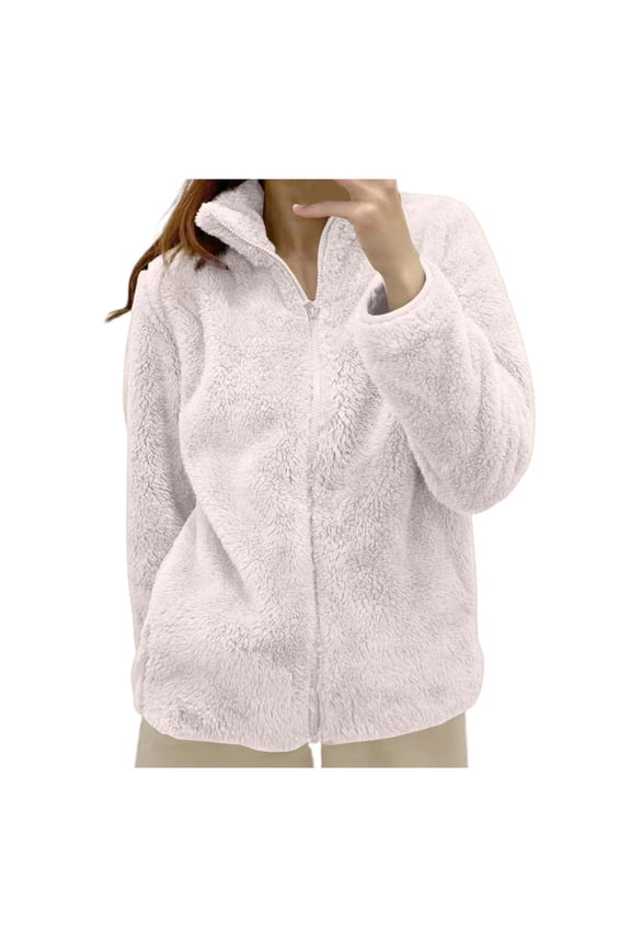 Womens Fleece Jacket, Solid Color Collar Zip Up, Cozy Outerwear, Long Pile Sherpa