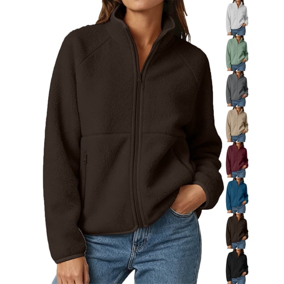 Womens Fleece Jacket Solid Color Full Zip Stand Collar Warm Winter Coat with Zipper Pockets