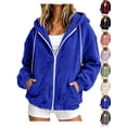 thumbnail image 1 of Womens Fleece Jacket Solid Color Long Sleeve Zip-Up Fleece Hooded Jacket with Drawstring and Pockets Winter Casual Fleece Outerwear Coats, 1 of 8