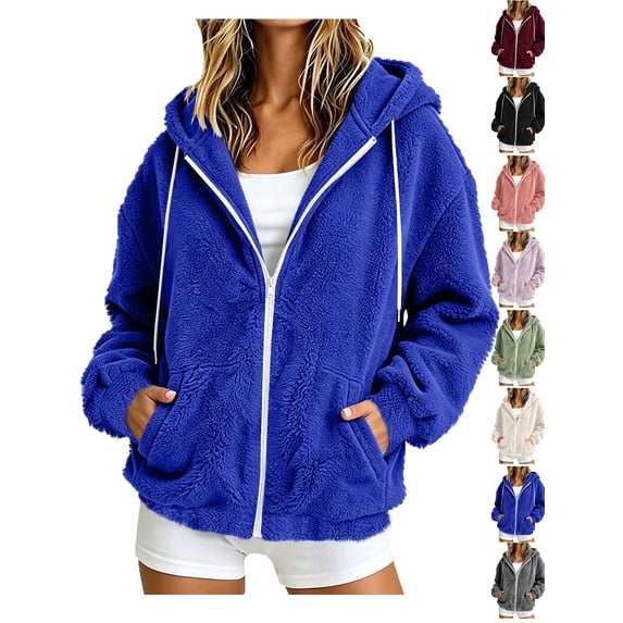 Womens Fleece Jacket Solid Color Long Sleeve Zip-Up Fleece Hooded Jacket with Drawstring and Pockets Winter Casual Fleece Outerwear Coats