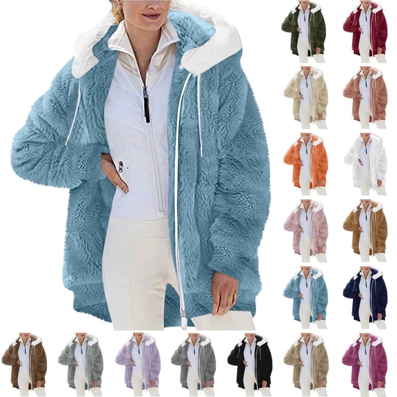 Womens Fleece Jacket Solid Color Zipper Pocket Hooded Loose Jacket Long Sleeved Hooded Casual Jacket