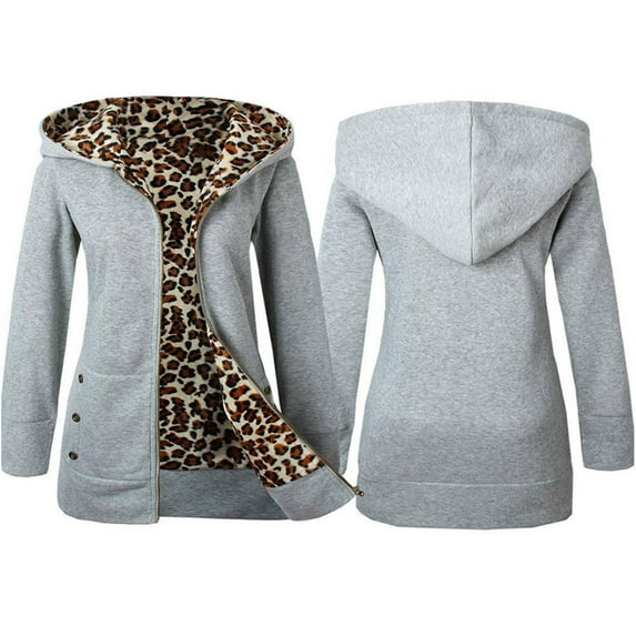Womens Fleece Jacket Usmixi Pea Jacket for Women Vintage Leopard Print Lined Open Front Zip Hooded Coats Long Sleeve Slim Faux Fur Ladies Outwear Winter Trendy Coat