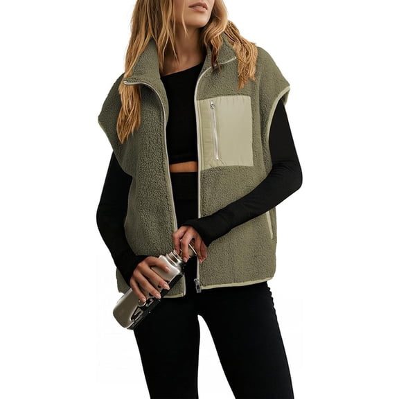 Womens Fleece Jacket Vest Sleeveless Fuzzy Sherpa Jackets Zip Up Oversized Casual Coats Fall Winter Womens Tops
