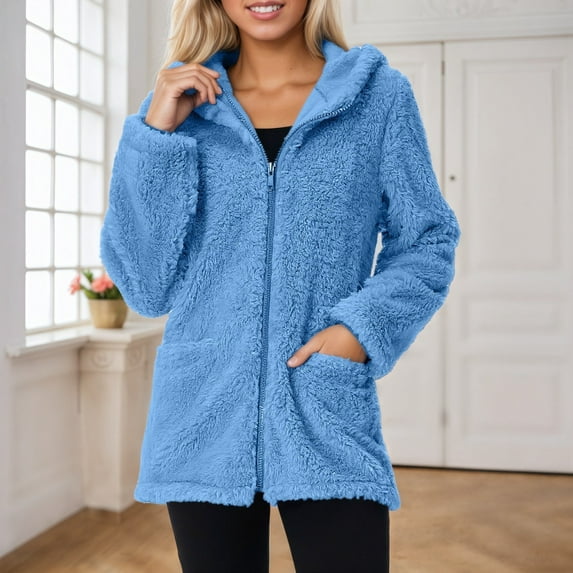 Womens Jacket Women's Casual Solid Color Hooded Sweater Coat Long Sleeve Double Outerwear for Daily Outdoor Womens Winter Coat Sky Blue M
