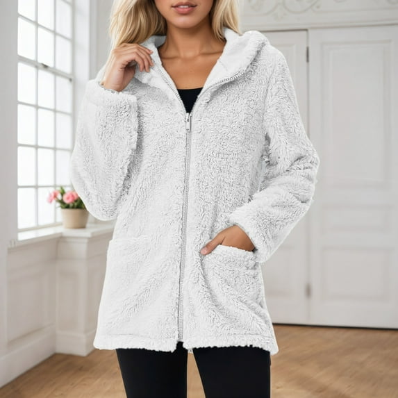 Womens Fleece Jacket Women's Casual Solid Color Hooded Sweater Coat Long Sleeve Double Fleece Outerwear for Daily Outdoor Womens Coats White XXL