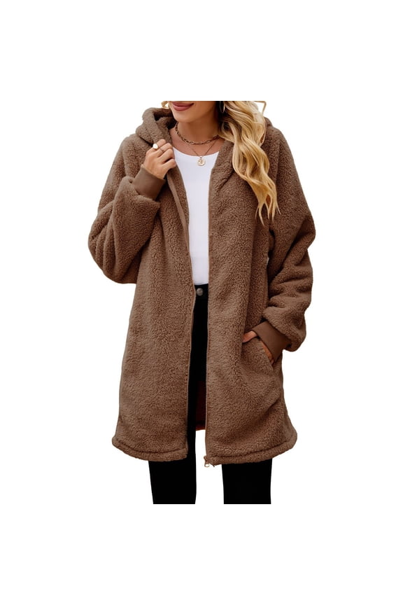 Womens Fleece Jacket Women's Oversized Jackets Fuzzy Fleece Hoodies Zip Up Solid Outerwear Coat with Pockets Trench Coat Women Khaki S