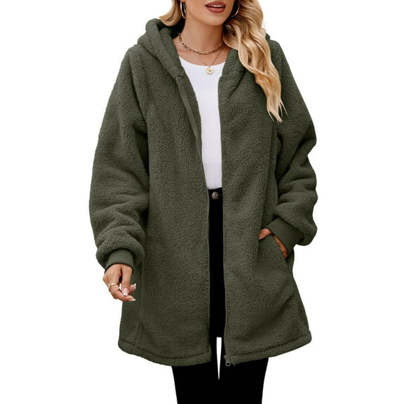 Womens Fleece Jacket Women's Oversized Jackets Fuzzy Fleece Hoodies Zip Up Solid Outerwear Coat with Pockets Womens Coats Army Green L